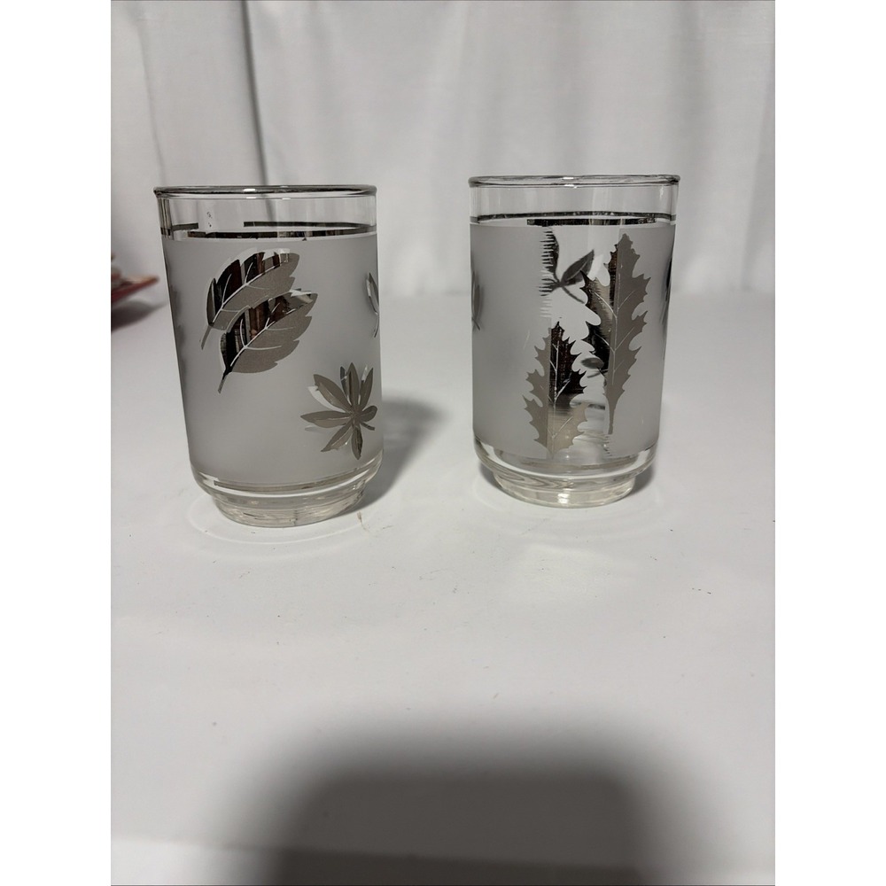 Vintage Libbey Frosted Silver Leaf 4.5 Inch Tumbler Juice Glass Set of 2